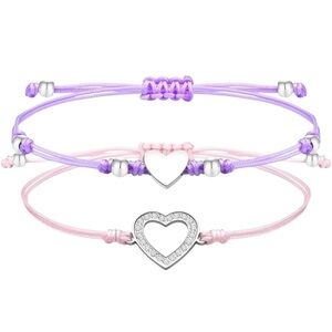Mother Daughter Heart Charm Bracelet Set | Pink and Purple | New w/ Velvet Bag